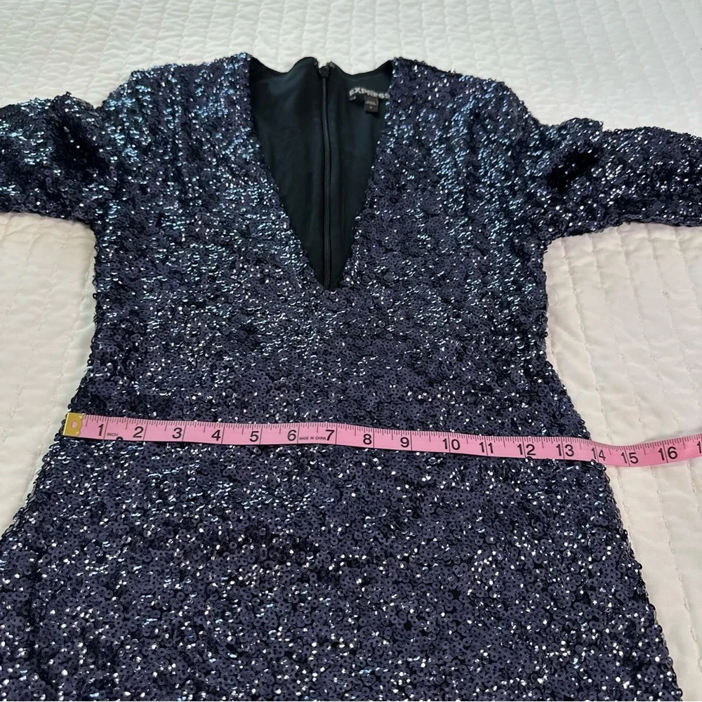 Express Blue Deep V-Neck Surplice Sequin Party Mini Dress - Picture 5 of 16